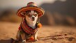 Chihuahua dog wearing colorful mexican hat in desert, generative AI