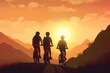 © Nattawat - Backpacker family ride a bike on the road at sunset go to the mountain, behind view, silhouette, AIi generated