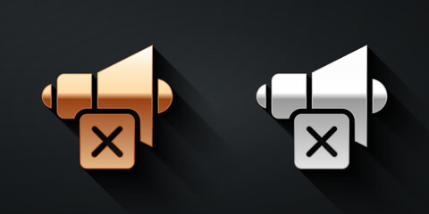 Poster - Gold and silver Speaker mute icon isolated on black background. No sound icon. Volume Off symbol. Long shadow style. Vector