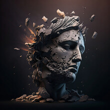 Broken ancient greek statue head falling in pieces. Broken marble