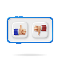 Poster - 3D Thumbs Up and Thumbs Down Hands Gestures in Mobile Phone Isolated. Render Like and Dislike Hand Symbols on Screen. Customer Rating or Vote Icons. Cartoon Fingers Gestures. Vector Illustration