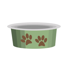 A Green Dog Bowl With Dog Paw Prints Isolated On A White Background.Vector Illustration.Animal Care.