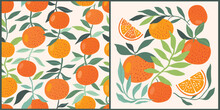 Summer Set With Oranges Including Seamless Pattern, Summer Background Wallpaper With Ripe Fruits, And Trendy Modern Poster, Vector Illustration 