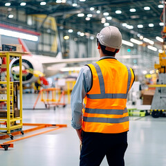 Wall Mural - A man in a protective vest visits an aircraft factory. Back view