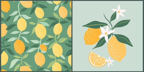 Wall Mural - Summer seamless pattern and poster, card with lemons, branch with fruits, flowers and leaves, seasonal design