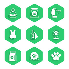 Wall Mural - Set Dog collar with bone, Paw print, Location veterinary hospital, Bag of food for pet, and icon. Vector