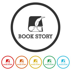 Canvas Print - Book with feather, Book story feather logo. Set icons in color circle buttons