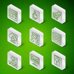 Poster - set line cloud technology data transfer, monitor with graph chart, different files, hierarchy organo