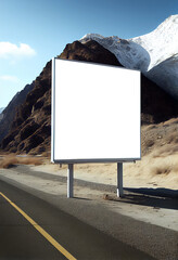 Poster - Realistic ilustration. Blank white billboard on the side of a mountain road. Generative ai