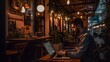 © ckybe - A digital nomad working on a laptop at a cozy cafe in a bustling city. Generative Ai.
