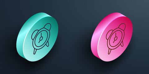 Poster - Isometric line Alarm clock icon isolated on black background. Wake up, get up concept. Time sign. Turquoise and pink circle button. Vector