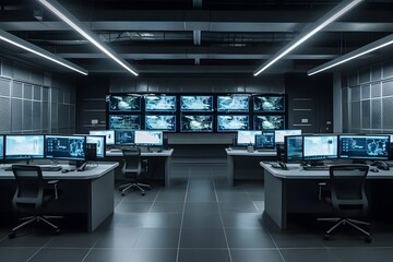 Empty interior of big modern security system control room, workstation with multiple displays, monitoring room with at security data center Empty office, desk, and chairs. Generative Ai.