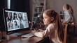 © ckybe - Online remote learning. School kids with computer having video conference chat with teacher and class group. Child studying from home. Generative Ai.