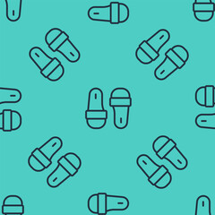 Canvas Print - Black line Sauna slippers icon isolated seamless pattern on green background. Vector