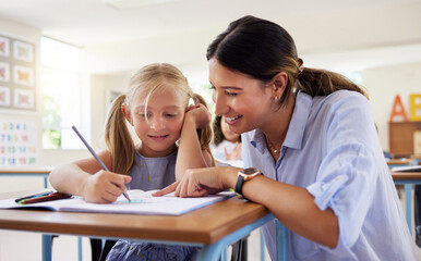 Poster - Paying attention in class. Shot of a female teacher assisting a preschool learner in her class.