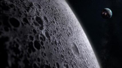 Wall Mural - Cinematic planet earth view from the moon surface. Starry space in the background. Travel across the lunar soil with craters.