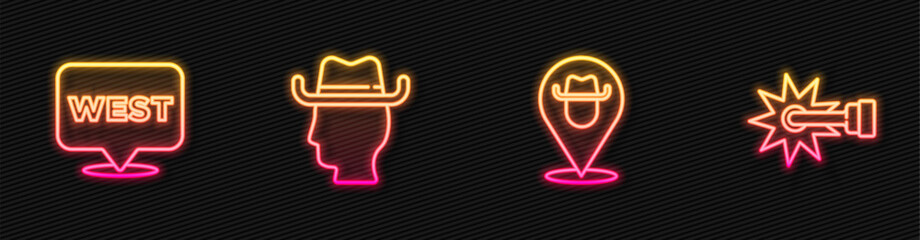 Poster - Set line Location cowboy, Pointer to wild west, Cowboy and Spur. Glowing neon icon. Vector
