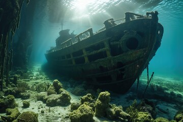 A sunken ship under water is covered with rust and algae, generative AI.