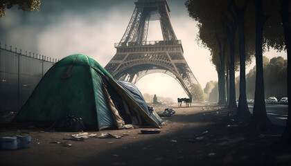 Concept of illegal immigrant of people to Europe. Refugee tent camp around Eiffel Tower in Paris city France, sun light. Generation AI