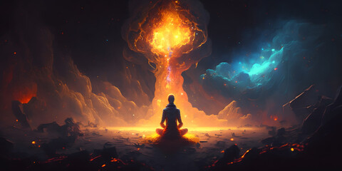 Wall Mural - astral yoga silhouette of human in cosmic space meditate. practicing transcendental spiritual medita