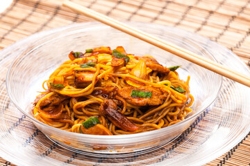 Wall Mural - fried noodles with chicken meat in soya sauce