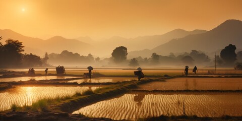 Wall Mural - asian rice farmers, sunset landscape, generative ai