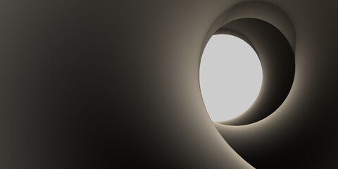 Poster - Abstract 3D illustration of a spiral or tunnel in beige brown color with a white center at the end of the tunnel