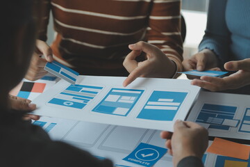 ux Graphic designer creative sketch planning application process development prototype wireframe for web mobile phone . User experience concept.