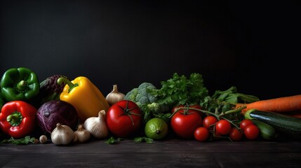  Fresh Veggie Border! Organic vegetables on  natural black background. Ideal for healthy food designs. Generative ai