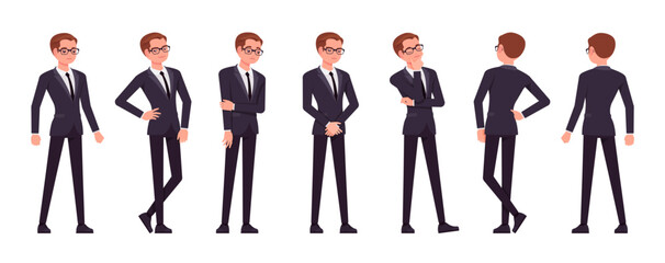 Wall Mural - Handsome businessman set, different standing poses. Office man, busy male manager in formal suit outfit, tie for work, event, occasion. Vector flat style cartoon character isolated, white background