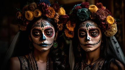 Dia de los muertos, Mexican holiday of the dead and halloween. Two Women with sugar skull make up and flowers. Generative AI