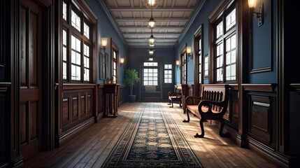 Wall Mural - A long hallway with a wooden bench in it. AI generative. Dark academia style, victorian style mansion interior design with wooden stairs.