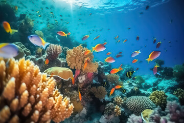 underwater coral reef landscape background in the deep blue Maldives ocean, AI