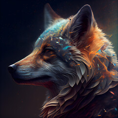 Wall Mural - Digital painting of fox head with fire effect on a dark background.