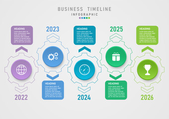 modern business 5 years timeline outline multi colored circle cogs with icons in the center arrows with multicolored square numerals with white letters gray gradient background for template ,marketing