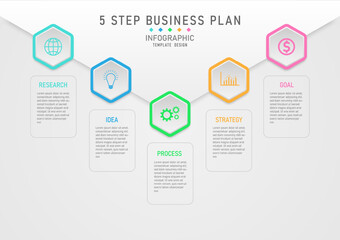 Moden template 5 steps business planning to success hexagonal multicolored tiled and centered icon square outline with letters gray gradient background Designed for marketing, finance, investment.