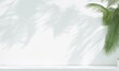 Blank minimal white counter podium, soft beautiful dappled sunlight, tropical palm foliage leaf shadow on wall for luxury hygiene organic cosmetic, skincare, background (Generative AI)