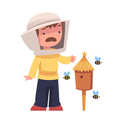 Sticker - Mustached Beekeeper Keeping Honey Bee Engaged in Apiculture Vector Illustration