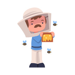 Sticker - Mustached Beekeeper with Wooden Brood Frame Keeping Honey Bee Engaged in Apiculture Vector Illustration