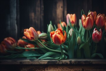 Wall Mural - Vintage tulip flowers on wooden border frame background, with elegant colors. Spring or summer flower concept. Generative AI