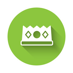 Sticker - White King crown icon isolated with long shadow background. Green circle button. Vector