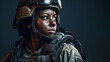 © Haydiddle - Young black woman wearing military uniform including camouflage fatigues and a helmet. She is ready for war to protect and serve her country. generative ai