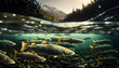 Salmon fish swimming in shallow river to spawn. generative AI