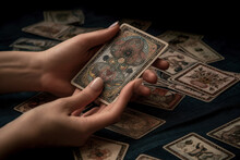 Woman Reads Tarot Cards, Close-up Of Hands, Created With Generative AI Technology