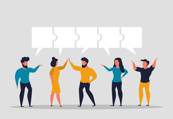 Wall Mural - Conversation and communication of employees as one mechanism. Discussing solutions and looking for answers to questions. Business people partnership together. Vector illustration