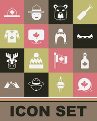 Canvas Print - Set Canadian maple leaf, Bottle of syrup, Kayak, Beaver animal, Hockey jersey, ranger hat and Winter icon. Vector