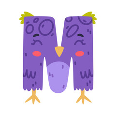 Sticker - Bird alphabet M capital letter. Purple consonant letter with eyes, beak and wings cute cartoon vector illustration