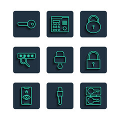 Sticker - Set line Eye scan, Locked key, Casting keys, and, Password protection, Key and icon. Vector