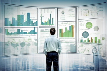 Wall Mural - Data sciencist analyzing complex business financial visualization on computer screen, concept of data mining, big data analysis, statistics, insights, prediction, technology, digital, stock market