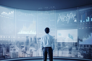 Wall Mural - Data sciencist analyzing complex business financial visualization on computer screen, concept of data mining, big data analysis, statistics, insights, prediction, technology, digital, stock market